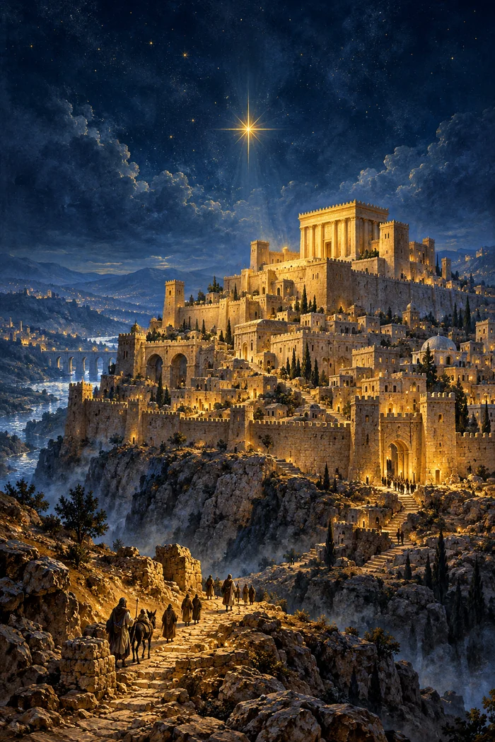 An ancient hilltop city illuminated in gold beneath a guiding star