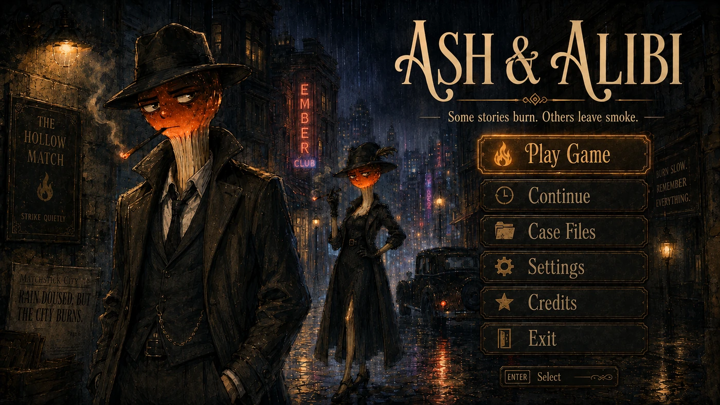 A matchstick detective in a fedora and overcoat on a rain-soaked 1930s noir street